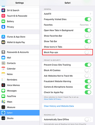 disable pop up blocker on Safari on iOS